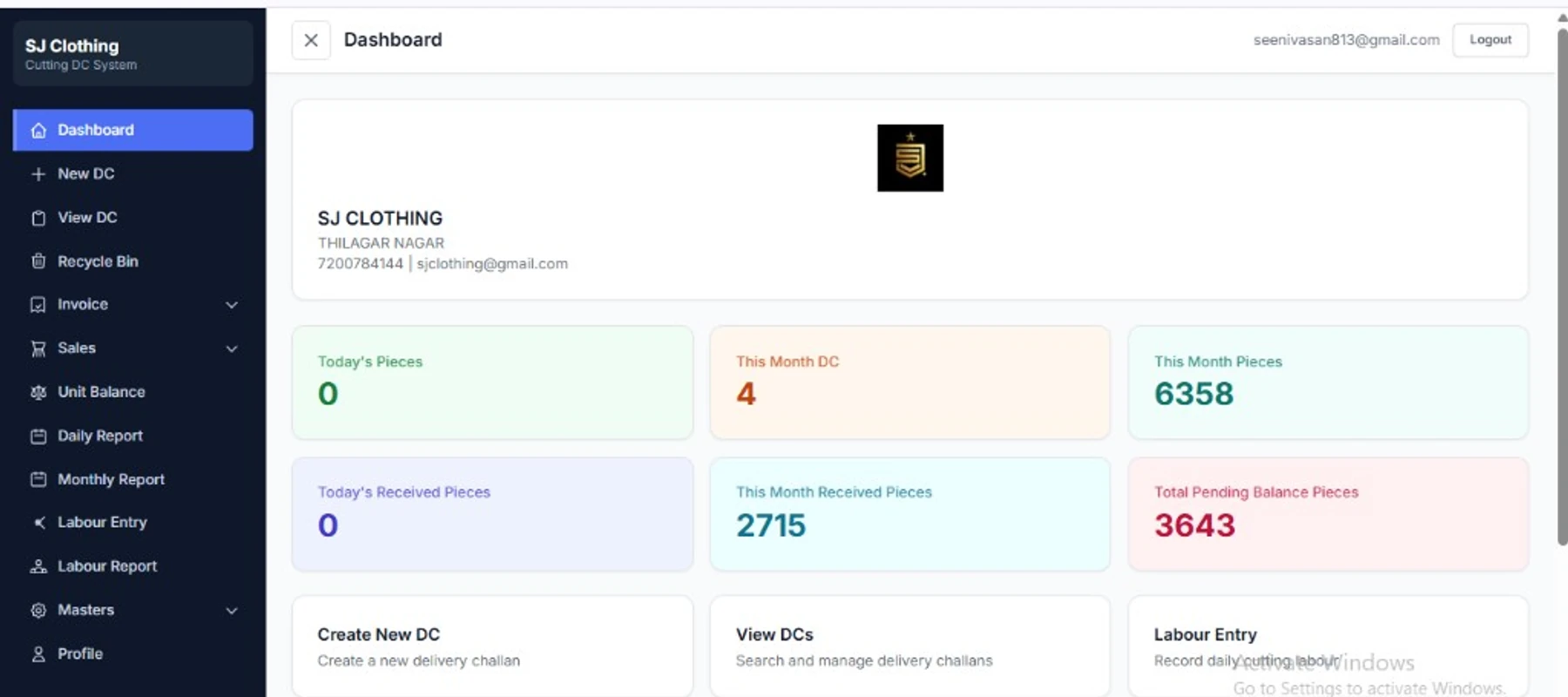 SJ Clothing dashboard preview
